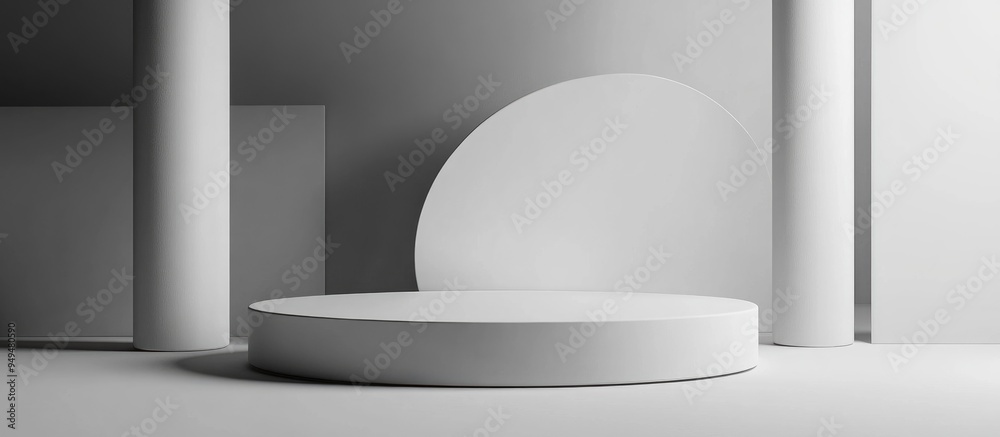 Aufkleber minimalistic 3d gray and white cylindrical podium with an abstract geometric shape in a studio setti
