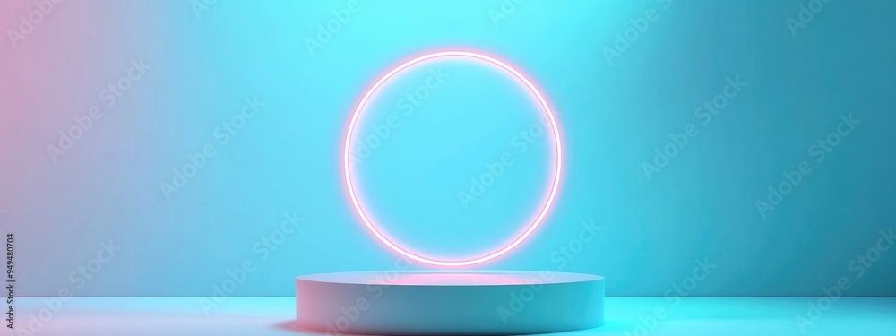 Poster minimalist cosmetic display on light blue background featuring a 3d rendered podium showcasing a whi