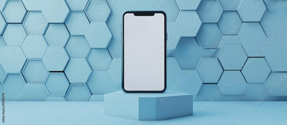 Aufkleber Blank smartphone display on a stand with a placeholder and blue hexagonal backdrop Innovative presentation idea 3D rendering