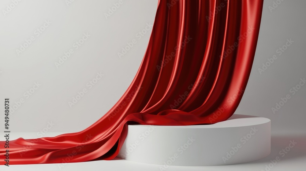Poster Red fabric draped over a display pedestal 3D rendering