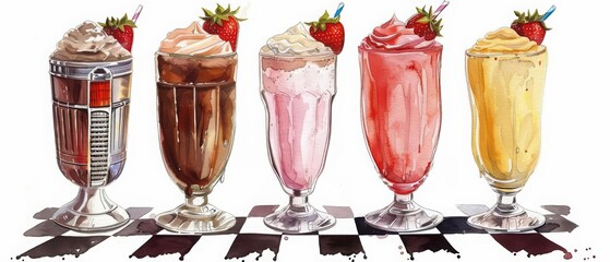 A water color of refreshing American milkshakes