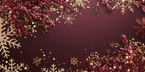 Festive maroon Christmas background with shining gold sequins and delicate snowflakes, perfect for a traditional holiday design.