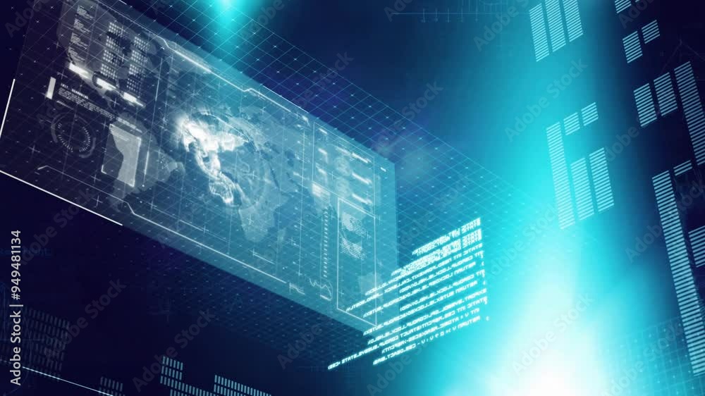Poster digital world map and data analysis animation over futuristic interface