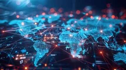Fototapeta premium Against a digital backdrop, a world map illuminates the intricate connections of a global business network, showcasing the power of cyber technology