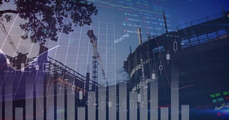 Construction site with cranes and stock market data animation over blue sky - Powered by Adobe