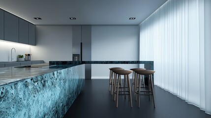 Fototapeta premium Sleek azure granite countertop kitchen with minimalist maple stools, set against charcoal flooring and pearl walls.