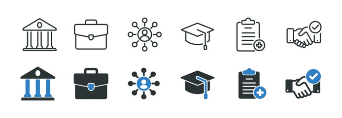 Social policy line and glyph solid icons collection. Minimal icon and symbol series vector illustration