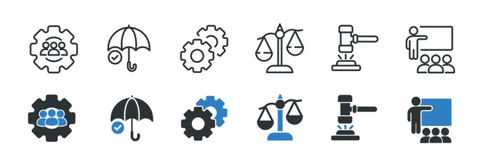 Social policy line and glyph solid icons collection. Minimal icon and symbol series vector illustration