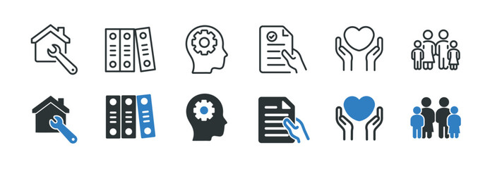 Naklejka premium Social policy line and glyph solid icons collection. Minimal icon and symbol series vector illustration