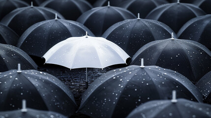 Fototapeta premium White umbrella standing out among black umbrellas in the rain, symbolizing uniqueness
