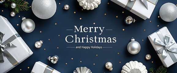 Elegant white and silver Christmas ornaments and presents on a navy blue background, "Merry Christmas and Happy Holidays" greeting card, flat lay.