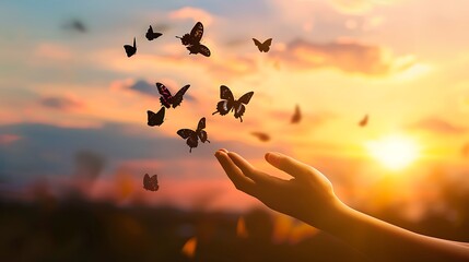 Human hand releasing Butterflies 