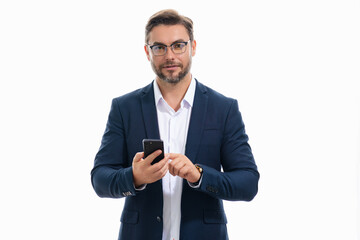 Business man in suit talking on phone, promo mobile app. Businessman in casual clothes using...