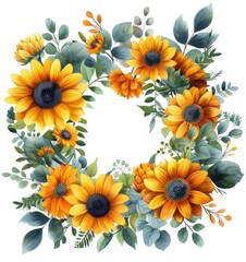 border with yellow and white daffodils, hydrangeas, ivy leaves, and eucalyptus leaves