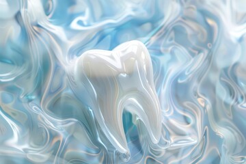 Obraz premium Illuminated white tooth enveloped in swirling light patterns, evoking a feeling of cleanliness and vibrancy against a backdrop of soothing blue tones