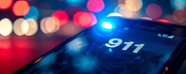 Closeup of smartphone dialing Emergency number 911 with blurred bokeh background. Concept of calling for help. Shallow depth of field.
