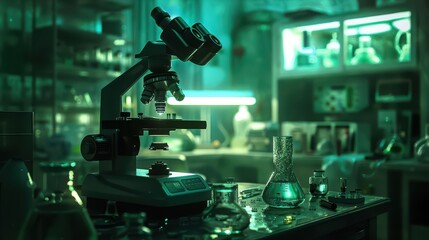 Fototapeta premium In the dim light of a futuristic lab, a mysterious microscope reveals intricate details of bacteria and viruses, hinting at hidden discoveries in microbiology