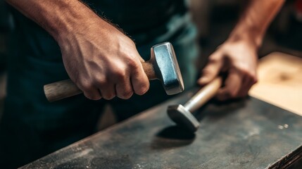 High view handyman hammering a piece of metal 