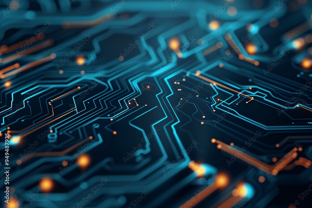 Poster a high-tech abstract background showcasing a network of glowing circuits and microchips, providing a