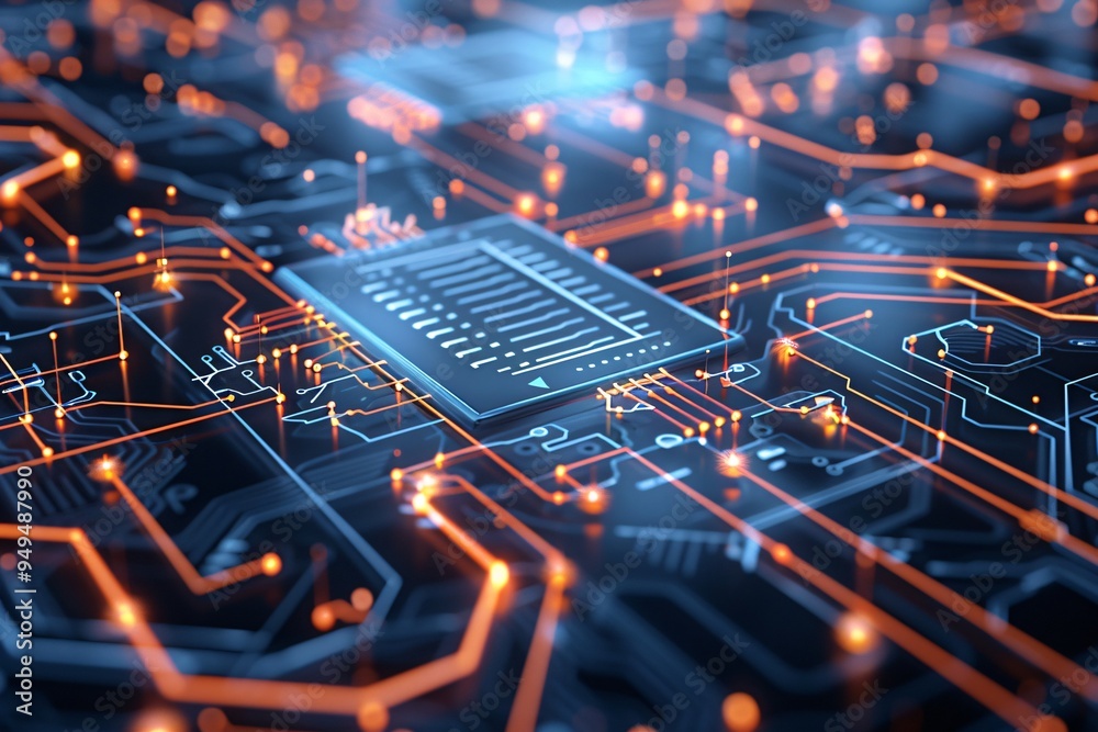 Poster a high-tech abstract background showcasing a network of glowing circuits and microchips, providing a