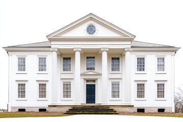 Obraz premium A classic white-columned mansion with a pediment and symmetrical windows.