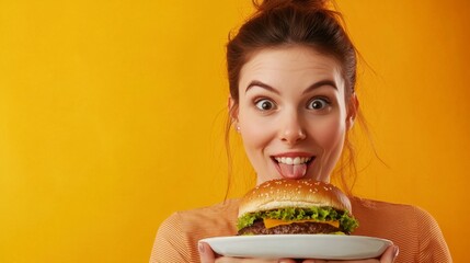 Woman eating cheeseburger with satisfaction. Girl enjoys tasty hamburger takeaway, licking fingers delicious bite of burger, order fastfood delivery while hungry, standing over orange background