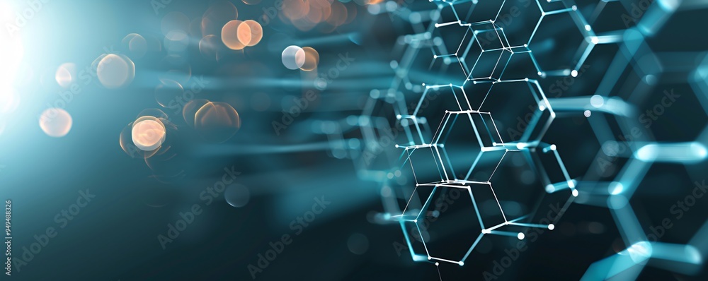 Poster Abstract tech background with interconnected hexagons and luminous effects, representing data networks and technological growth, with ample copy space.