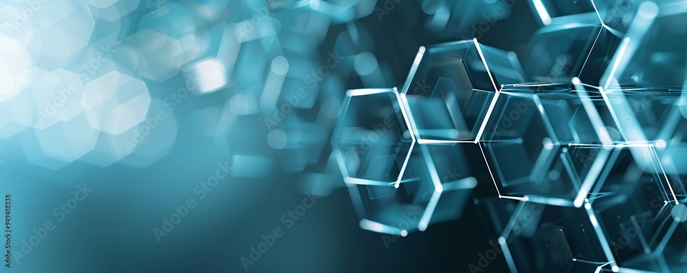 Poster abstract tech background with interconnected hexagons and luminous effects, representing data networ