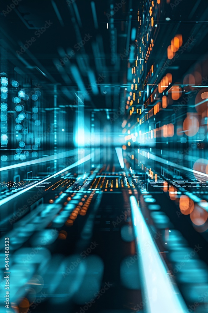Poster abstract futuristic background with a blend of digital grids and dynamic light effects, symbolizing 