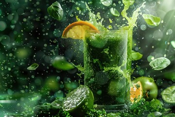 Fototapeta premium The healthy vegetable smoothie is shown in a highspeed action shot, with greens and fruits flying in a vibrant display, capturing its refreshing and nutritious essence