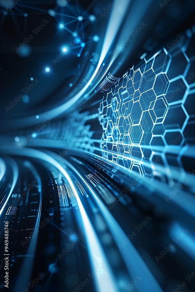 Poster dynamic technology-themed background featuring light trails and hexagonal patterns, ideal for tech-r