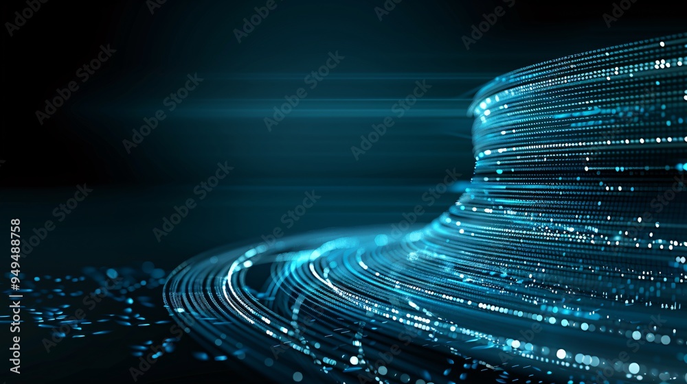 Poster abstract futuristic background with a swirl of digital data streams and light particles, symbolizing