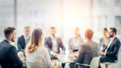 Corporate Success Meeting - Blurred background of an office meeting with professionals, reflecting corporate success and development.
