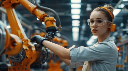 Female worker operates high-tech machinery in a modern automotive manufacturing environment.