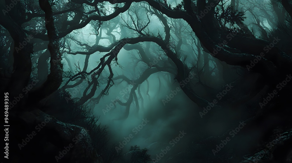 Wall mural a fog-filled dark forest with deep shadows and twisted forms