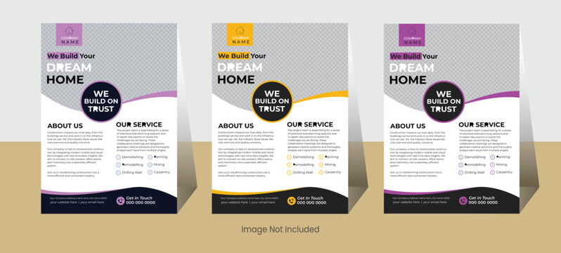 Modern and clean construction flyer design yellow and black layout & more 3 colour design