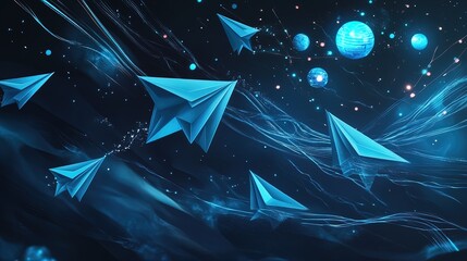 Futuristic Blue Paper Planes in a Whirling Flight: A Stunning Poster Concept for Sports Interiors, Illuminated by Glowing Data Streams and Vibrant Orbs of Light Against a Dark Background