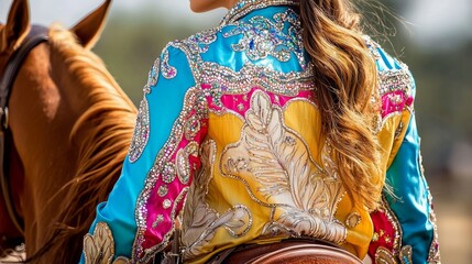 western horse show attire female horse rider wearing bright shirt with bling and western fashion pattern western pleasure horse show apparel for horse show competition in western riding