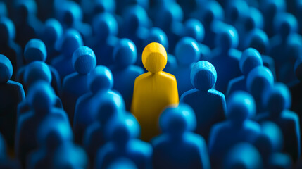 Fototapeta premium A single yellow figure stands out among a crowd of blue figures.