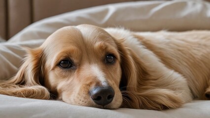 Obraz premium Cream long haired dachshund dog lying on bed in the bedroom