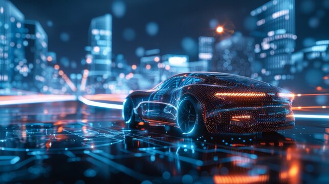 Futuristic digital car in a virtual realm with dynamic lighting and holographic technology elements