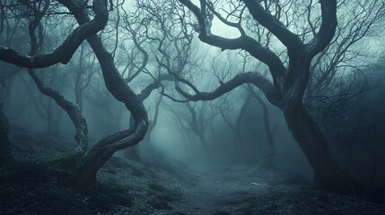 A spooky forest with twisted trees and hidden creatures creating unease
