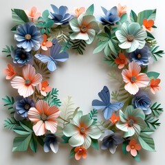 Obraz premium square frame made of colorful paper cut flowers and leaves, in pastel colors