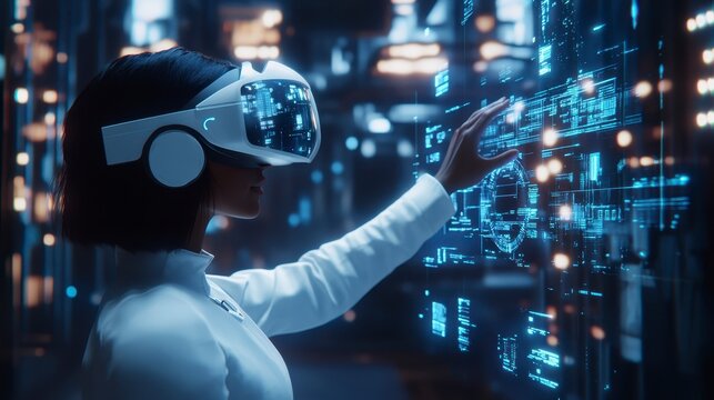 Futuristic VR scene with holographic interface, advanced tech, and human interaction in a sleek setting.