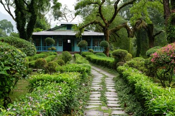 Fototapeta premium A house nestled among abundant greenery of trees and bushes, Show a serene and peaceful setting of a tranquil tea garden in Darjeeling