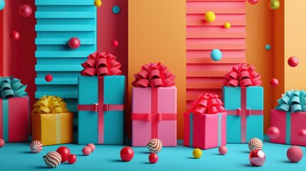 Colorful Gift Boxes with Bows and Balls - Holiday Celebration