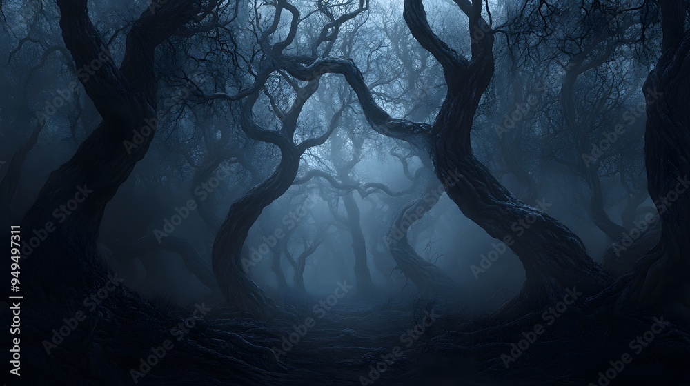 Wall mural a spooky atmosphere with hidden creatures and twisted trees in a dark forest
