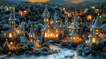 Obraz premium A pastel navy and silver papercraft castle under a starry night sky, with star-shaped windows glowing softly, surrounded by delicate paper stars and softly illuminated by lanterns,