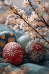 view of spring flowers and eggs on isolated pastel