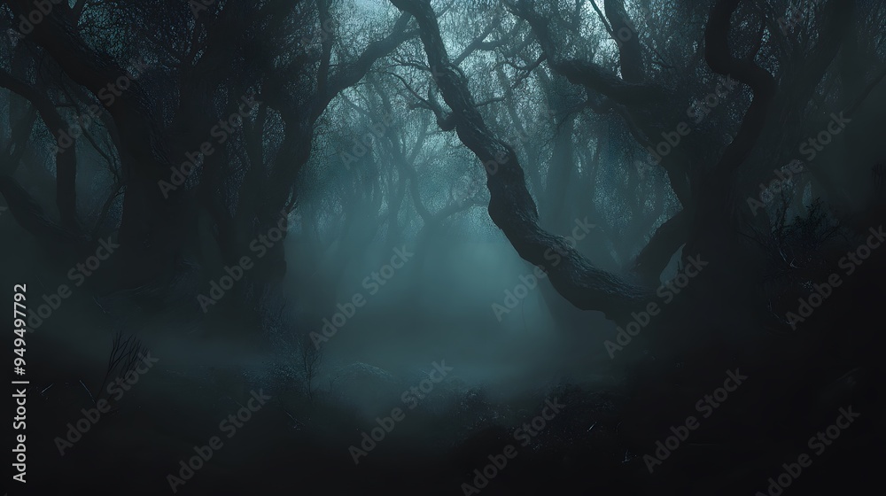 Wall mural a dark forest with twisted forms and fog creating an eerie atmosphere
